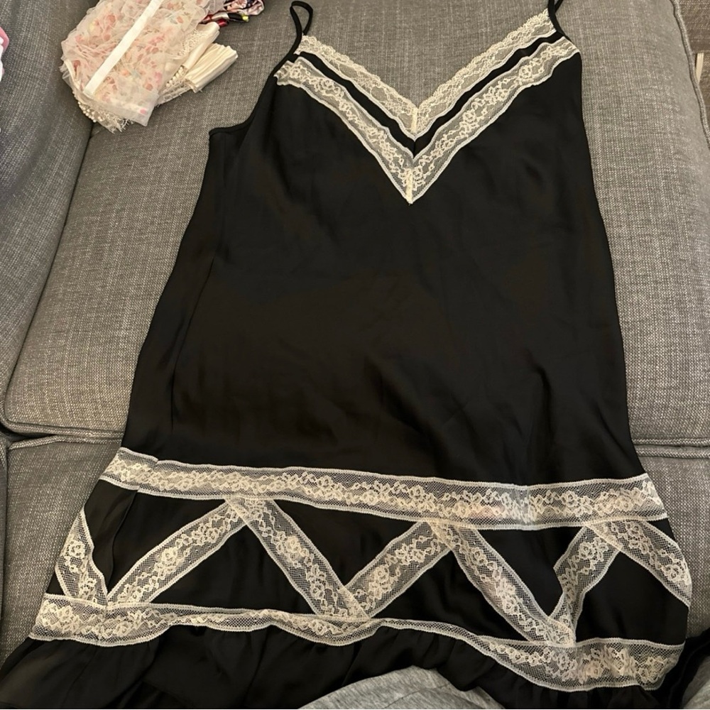 Victoria’s Secret NWOT womens black satin slip with cream lace detail